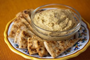 Hummus. Made of chickpeas. A great dip. 